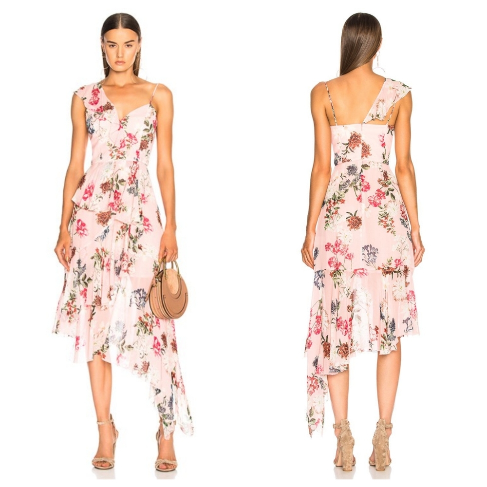 NICHOLAS x REVOLVE 100% Silk Floral Frill Ruffle Asymmetric Midi Dress in Lilac